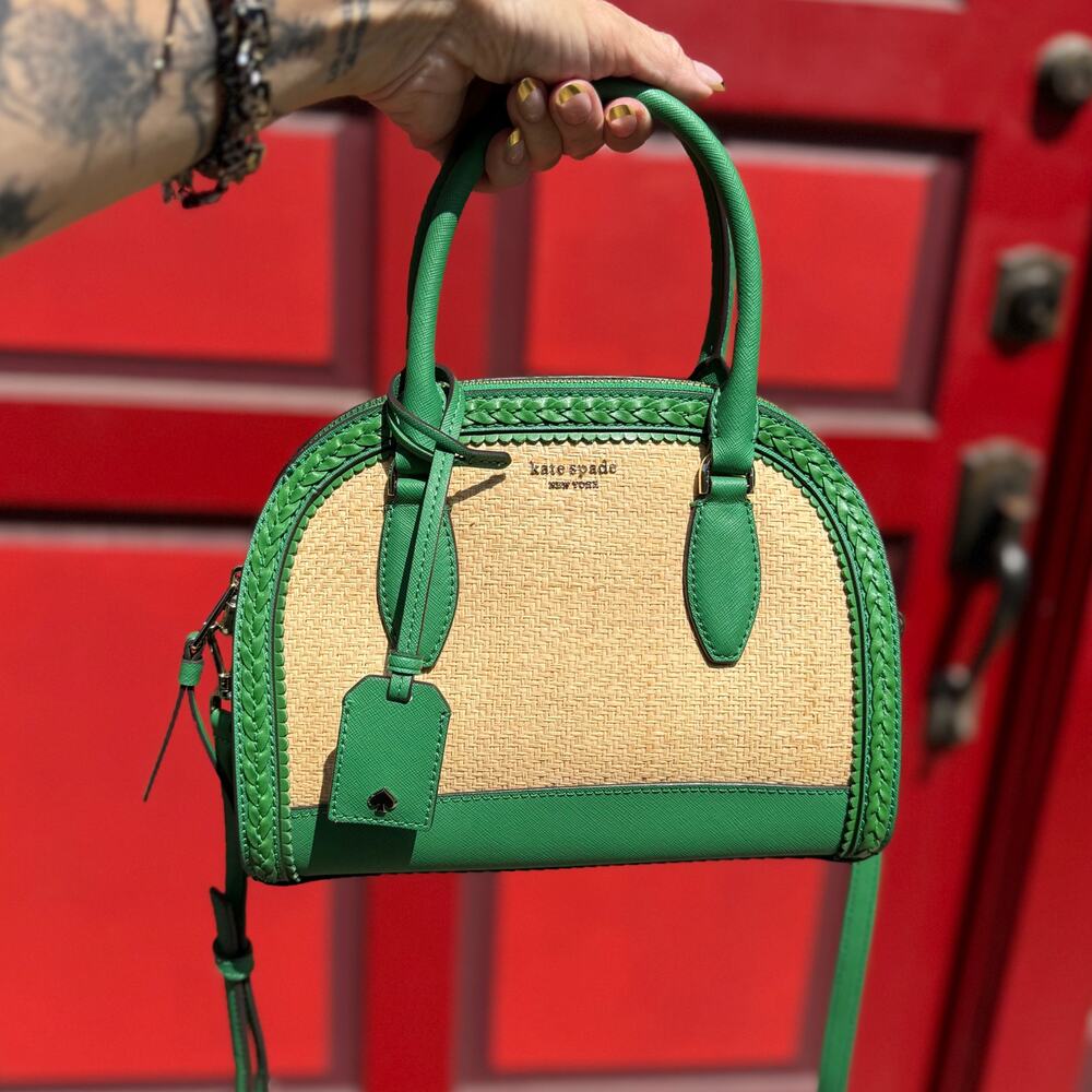 Kate Spade Reiley Raffia Straw & Green Leather Dome Satchel Crossbody - Picture 10 of 10